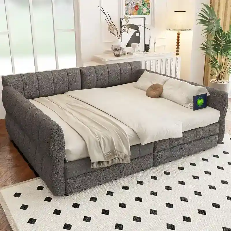 Queen Size Upholstered Daybed with 2 Storage Drawers, Modern Daybed Frame Sofa Bed with USB Port and Armrest