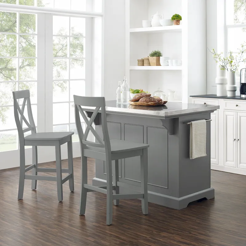 Crosley Julia Stainless Steel Top Island W/X-Back Stools - 50 W x60 D x41H