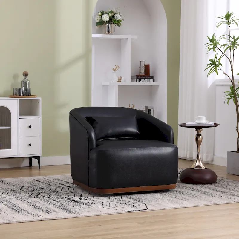 Black PU Modern 31.5 Upholstered 360 Swivel Barrel Chair with Metal Base for Living Room