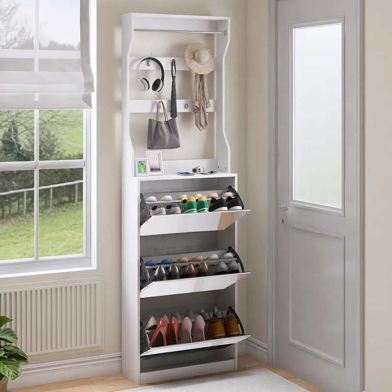 Mirror Shoe Cabinet With 3 Flip-Tier Drawers,Shoe Rack Organizer Store Ample Shoes,Hooks&Hangers For Organizing Clothes And Hats