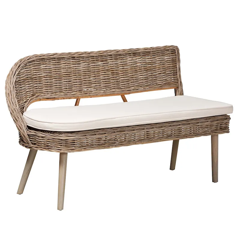 Raisa Modern Bohemian Natural Kubu Rattan and Acacia Wood 2-Piece Dining Nook Banquette Set