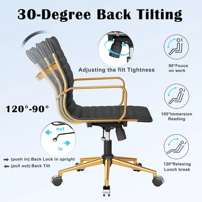 Ribbed Leatherite Office Chair with Chrome Frame, L-Shaped Arms and Swivel Base – Grey / White / Terracotta / Green / Brown / Black / Navy Blue / Gold & Navy Blue / Gold & Black / Gold & White, for 1 Person