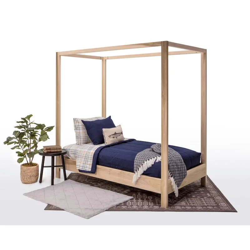 Twin Size Canopy Bed with Raised Platform and Solid Poplar Frame – Natural / Unfinished, for 1 Person
