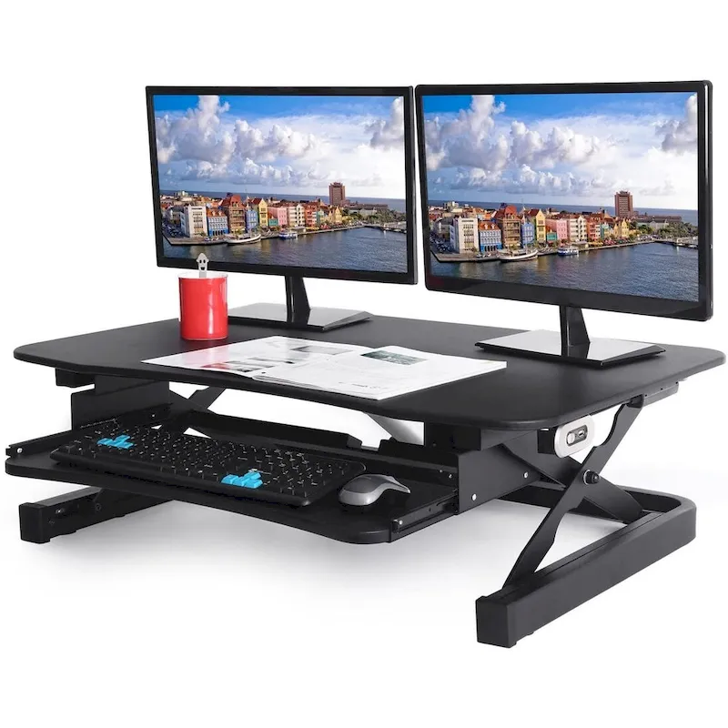 Electric Sit-to-Stand Desk Riser, Brown/Black/White, 36
