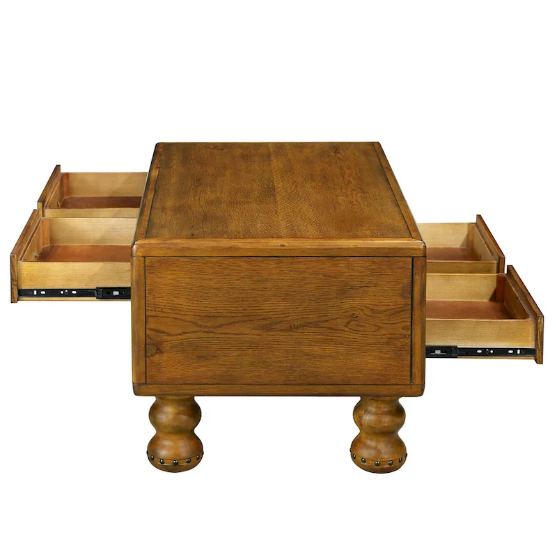 Rectangle Coffee Table, 4 Drawers, Pine Wood & MDF, Oak Veneer, Gourd Legs, 40