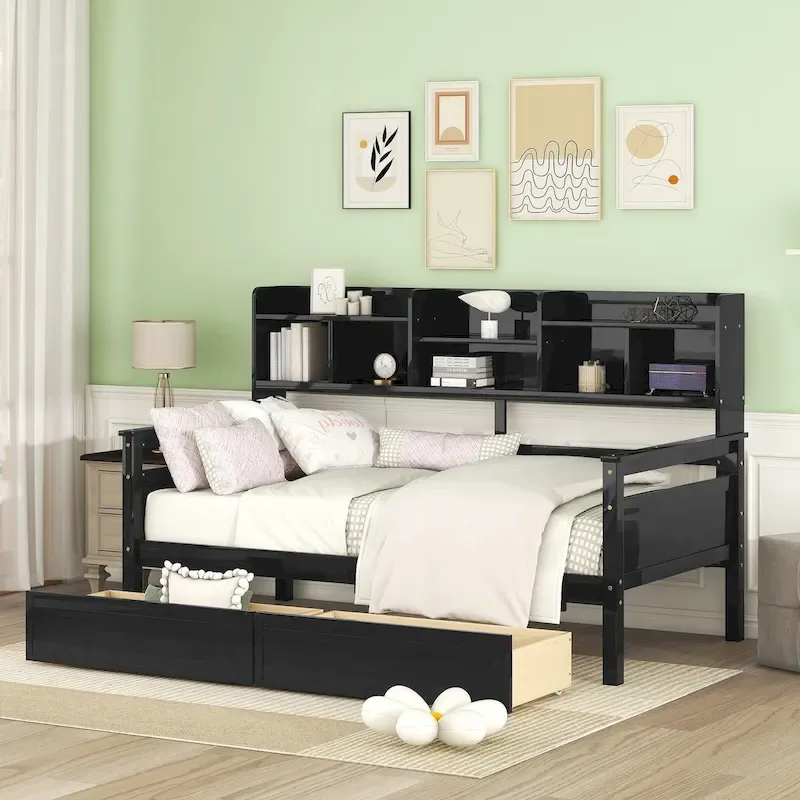 Daybed, Wood Slat Support, with Bedside Shelf and 2 Drawers