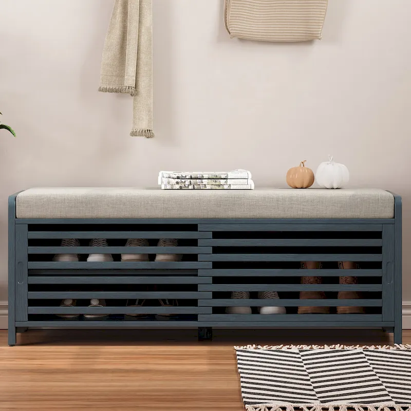 Shutter Storage Bench with Cushion & Sliding Door, MDF, 41.5