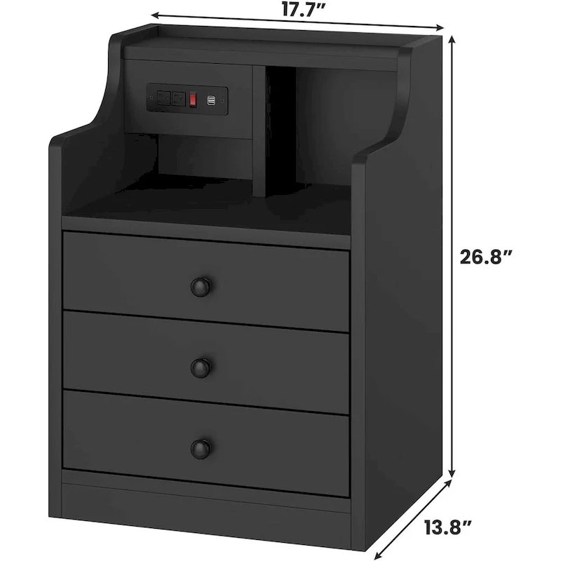 3-Drawer Nightstand with Built-in Charging Station and Open Shelf – White / Pink / Grey / Black, for 1 Person