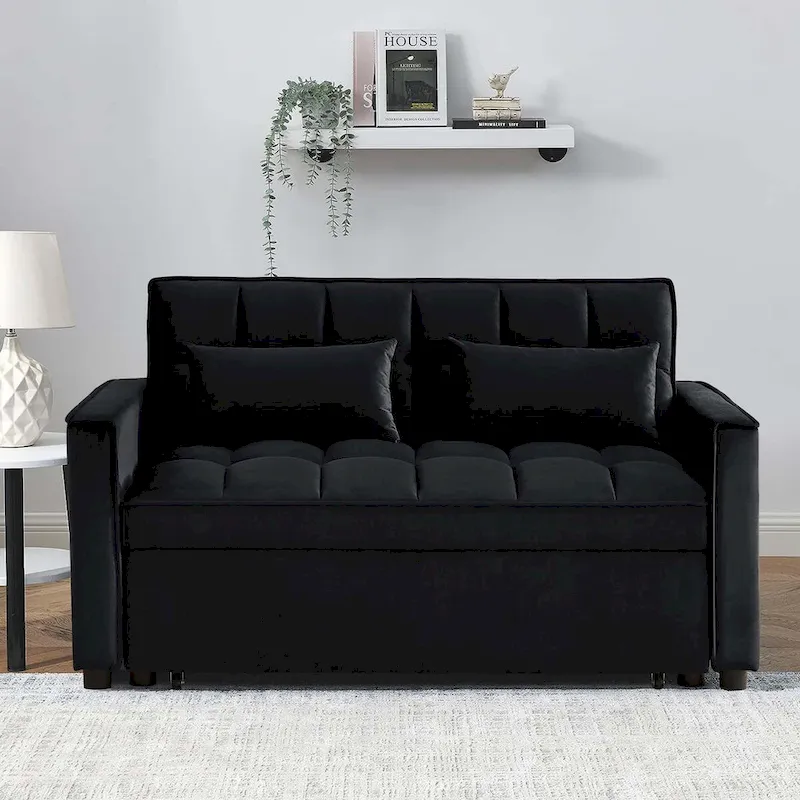 Convertible Sleeper Loveseat, 3-Position Backrest, Velvet, Foam, Side Pockets, USB, Seats 2/Twin Bed, Blue/Black/Grey