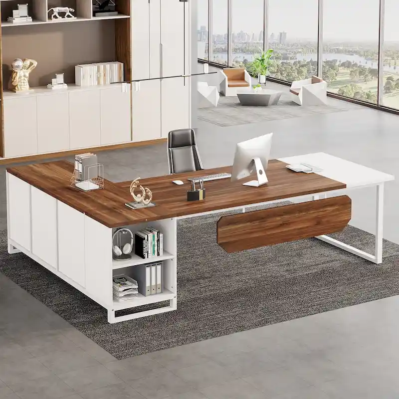 70.8 Executive Desk with 55 File Cabinet, Modern L Shaped Computer Desk with Storage Shelves and Cabinet