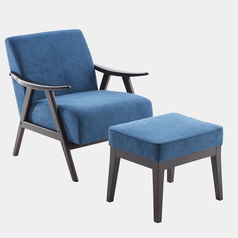 Mid Century 27.7 Upholstered Arm Chair with Solid Wood Frame and Ottoman