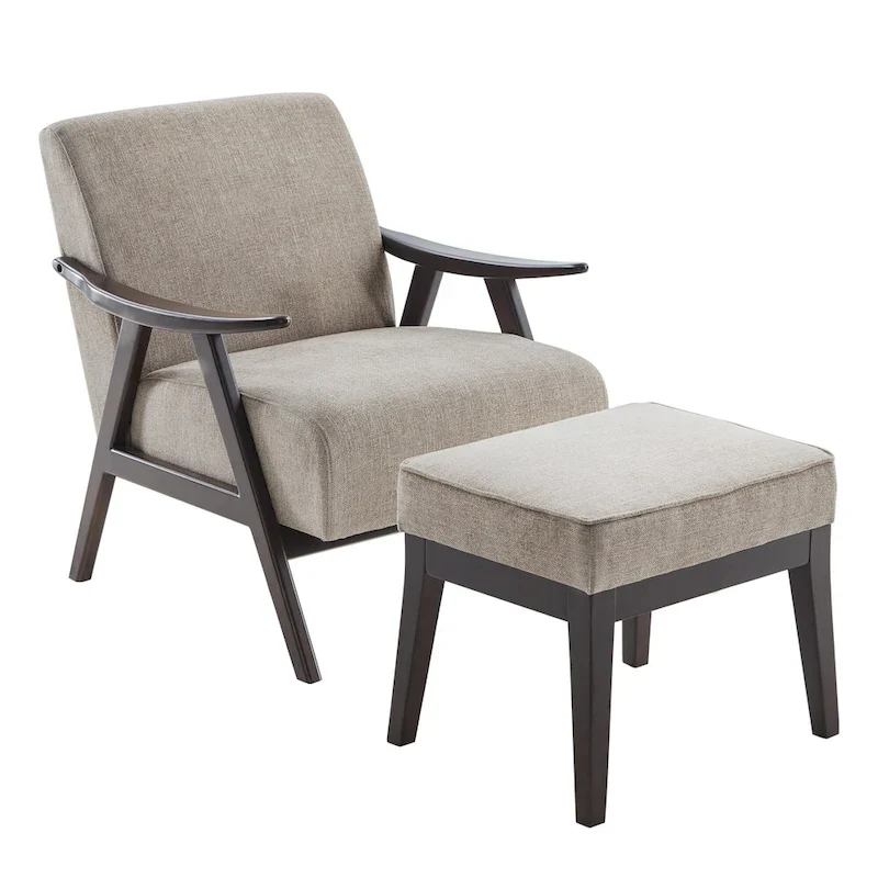 Mid Century 27.7 Upholstered Arm Chair with Solid Wood Frame and Ottoman