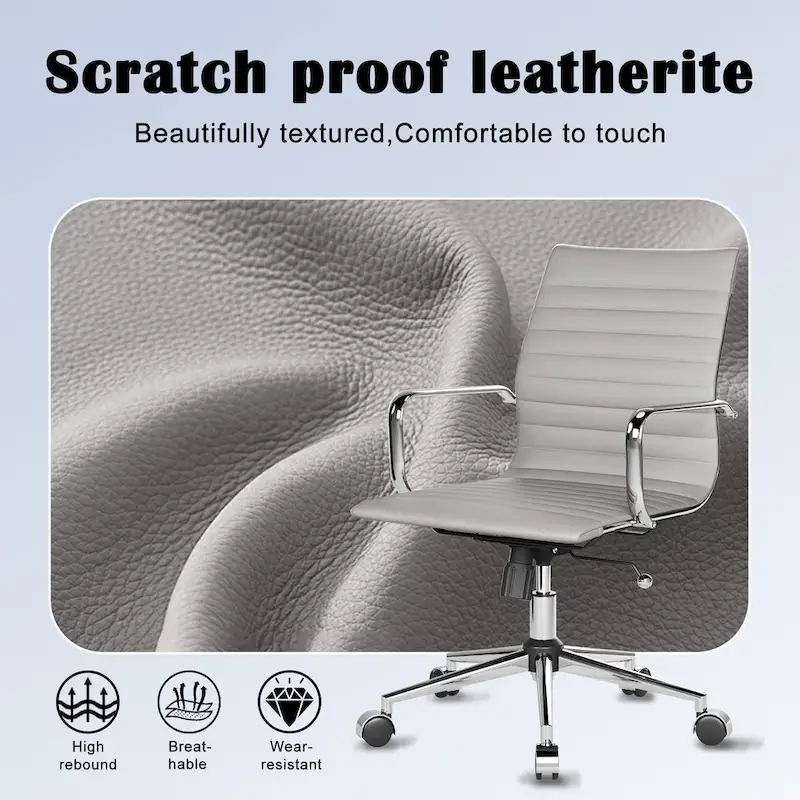 Ribbed Leatherite Office Chair with Chrome Frame, L-Shaped Arms and Swivel Base – Grey / White / Terracotta / Green / Brown / Black / Navy Blue / Gold & Navy Blue / Gold & Black / Gold & White, for 1 Person