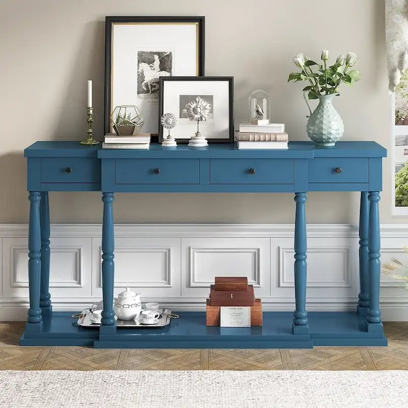 Retro Senior 4-Drawer 1-Shelf Console Table, Classic Entrance Display Table Entryway Table, Storage Sofa Table