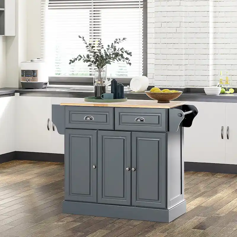 Kitchen Island with Storage, Rolling Kitchen Serving Cart with Rubber Wood Top, Storage Drawer and Cabinet