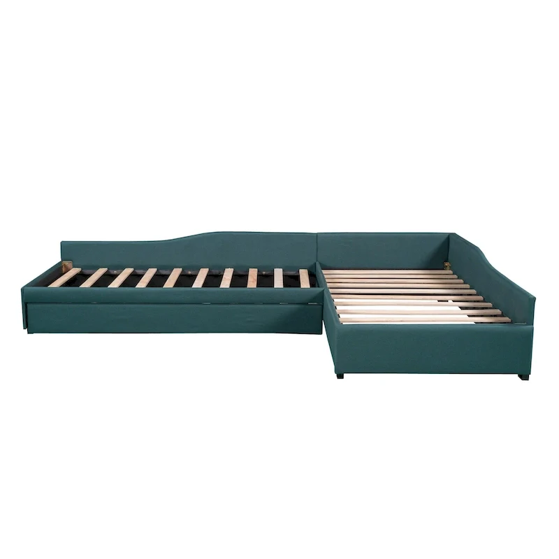 Linen Upholstered Double Twin Daybed with Pull-Out Trundle, Drawer and Casters – Green / Gray, for 1–3 People