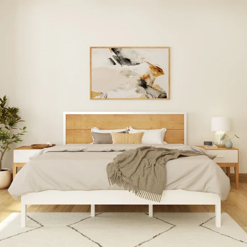 King Bedroom Set with 2 Nightstands, Solid Wood, Danish Minimalist, 1000 lbs, White/Walnut