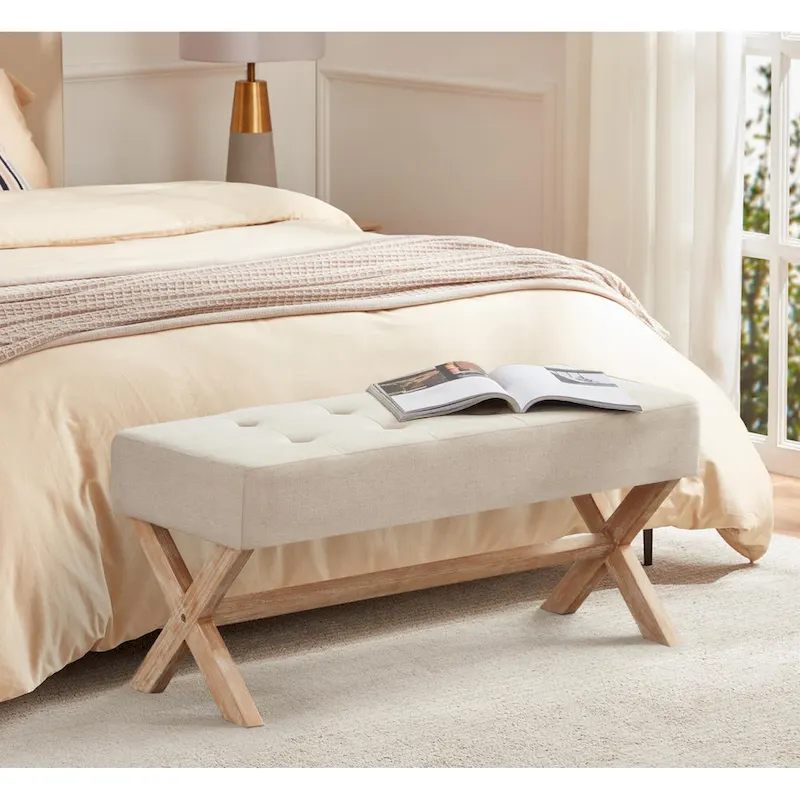 Upholstered Entryway Bench, Polyester, X-Shaped Wood Legs, 35.4