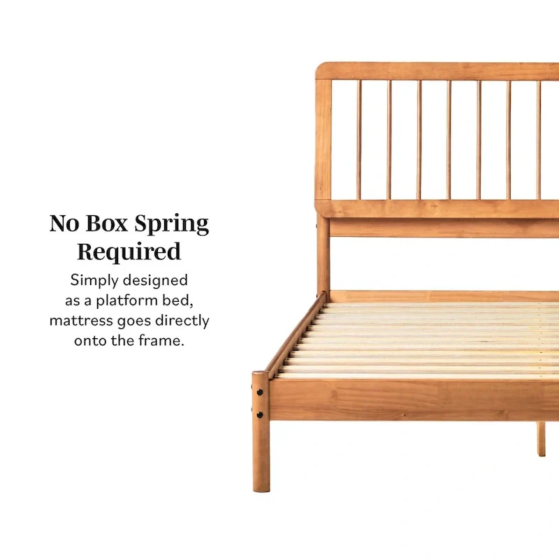 Queen Solid Wood Spindle Bed Frame with Pine Legs – Caramel / Natural Pine / Black, for 1–2 People