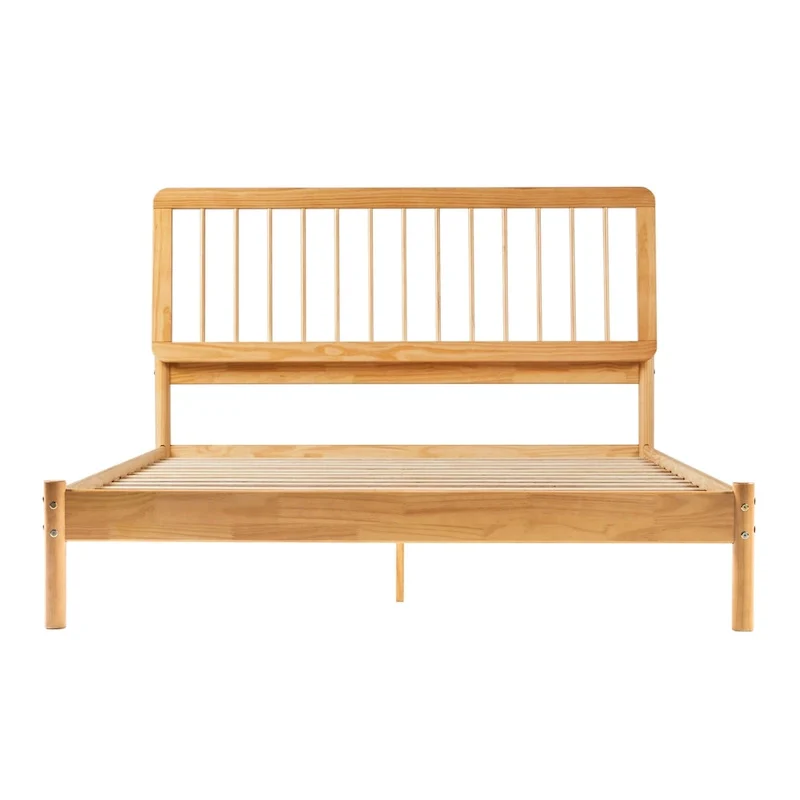 Queen Solid Wood Spindle Bed Frame with Pine Legs – Caramel / Natural Pine / Black, for 1–2 People