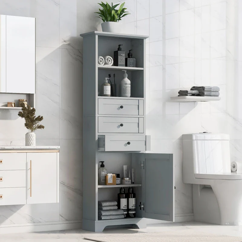 Grey / White Tall Storage Cabinet with 3 Drawers, 1 Door & Adjustable Shelves
