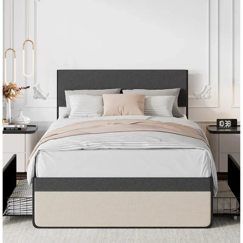 Upholstered Platform Bed with 2 Storage Drawers, Linen, Mid-Century, 700 lbs, Full/Queen