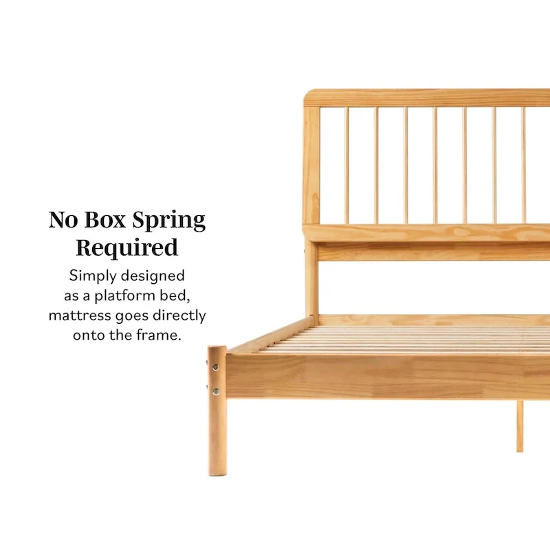 Queen Solid Wood Spindle Bed Frame with Pine Legs – Caramel / Natural Pine / Black, for 1–2 People
