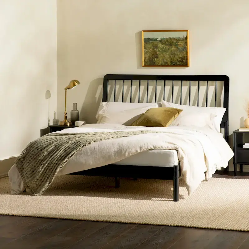 Queen Solid Wood Spindle Bed Frame with Pine Legs – Caramel / Natural Pine / Black, for 1–2 People