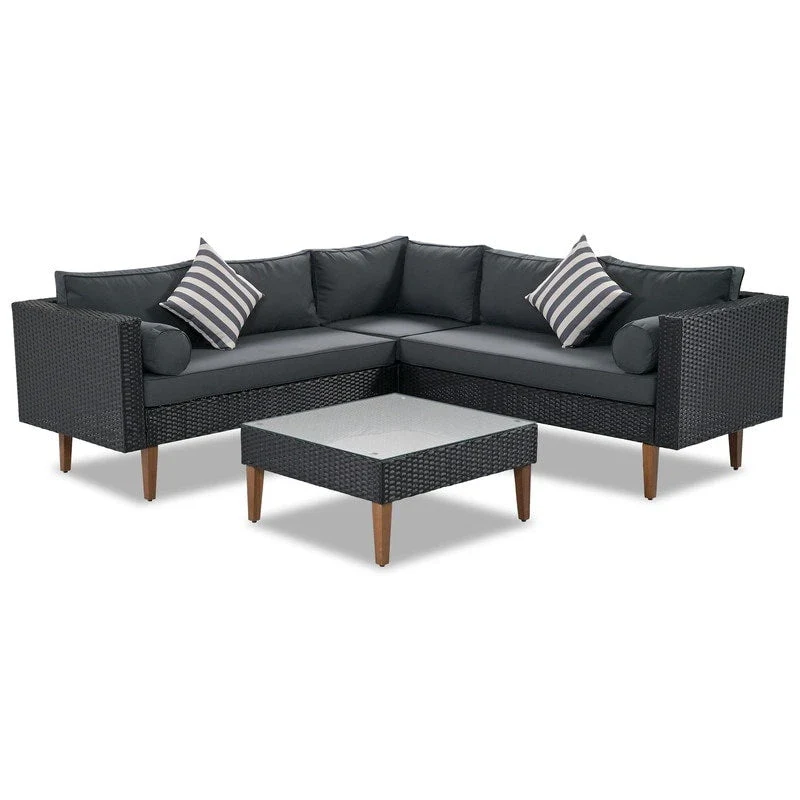 4-pieces L-shape Wicker Sofa Set with Colorful Pillows