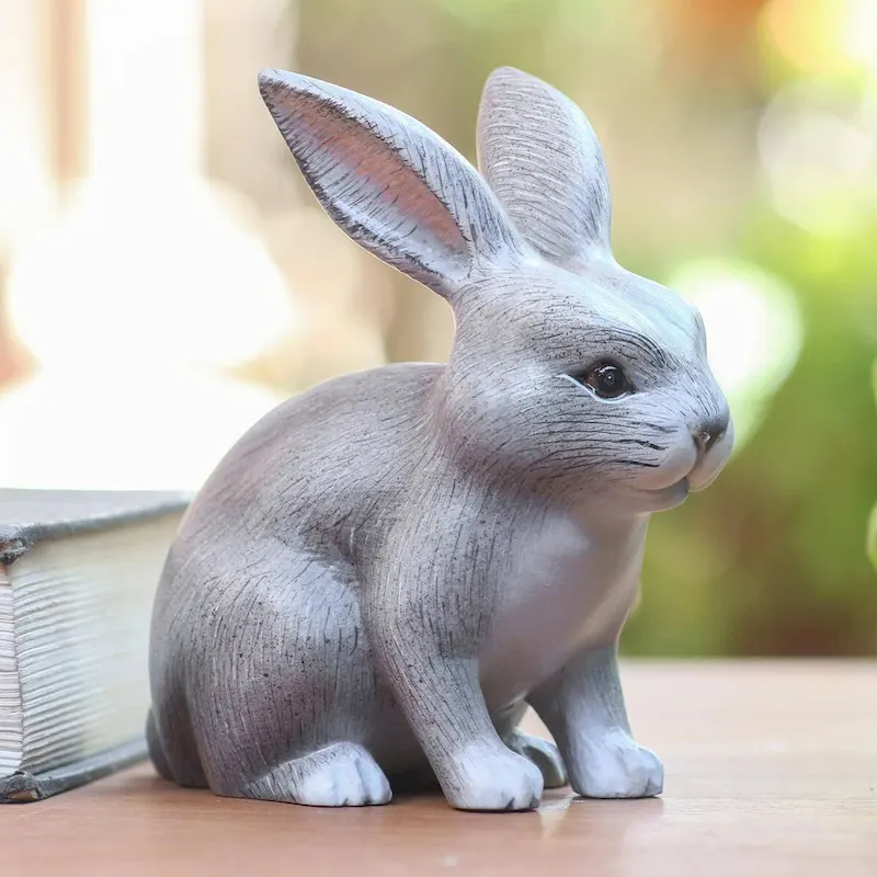 Wood sculpture, 'Inquisitive Grey Rabbit' - 5  H x 2.6  W