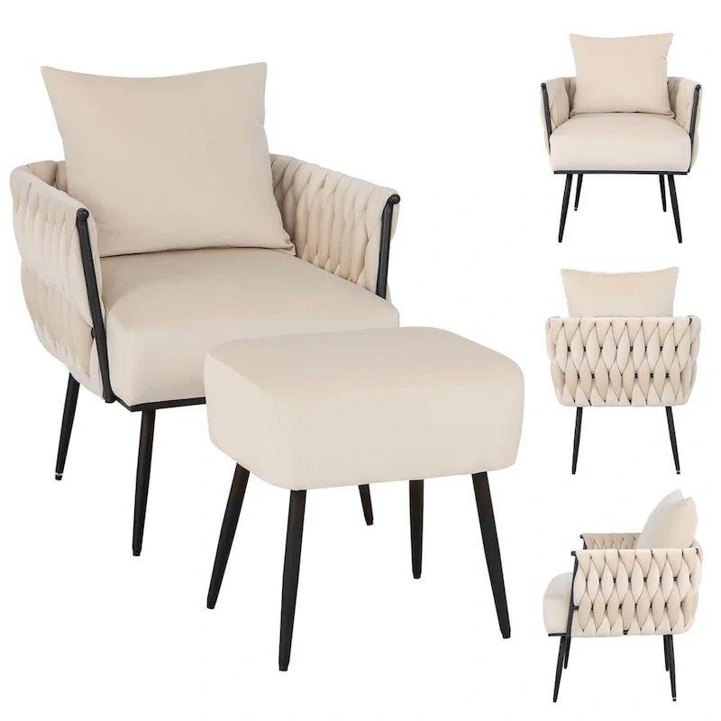 Gymax Modern Dutch Velvet Accent Chair & Ottoman Set Single Leisure