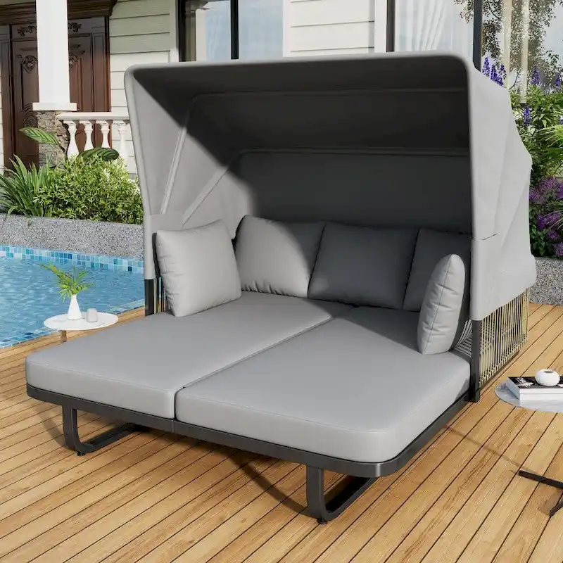 57  Outdoor Rattan Daybed with Canopy and Cushion