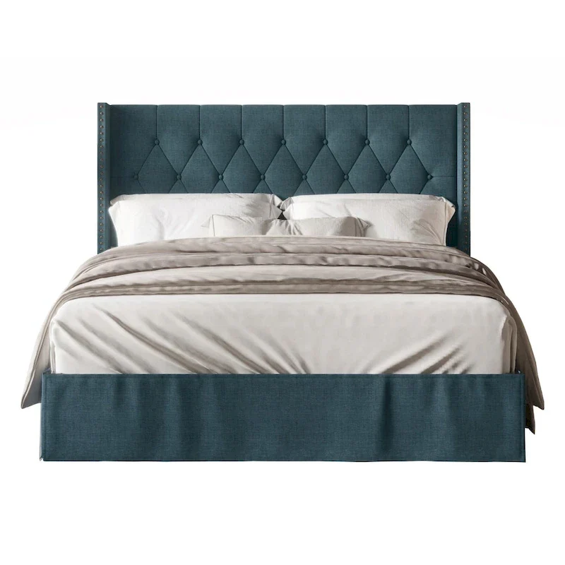 Tufted Upholstered Panel Bed, Wingback Headboard, Nailhead Trim, Seats 2, Grey/Black/Beige/Denim Blue, Twin/Full/Queen/King