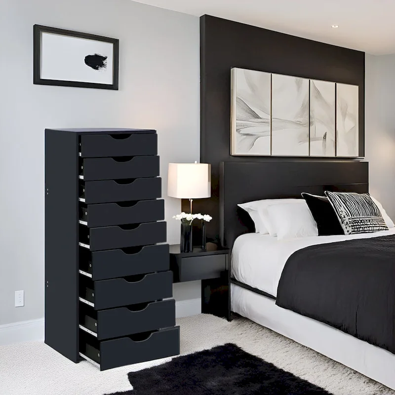 Black / Gray / White Narrow 9-Drawer Wooden Dresser with Top Storage Shelf – Single Unit