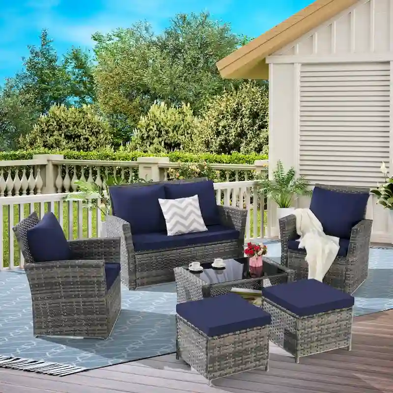 6-Piece Outdoor Patio Rattan Sectional Sofa Set with Glass Table