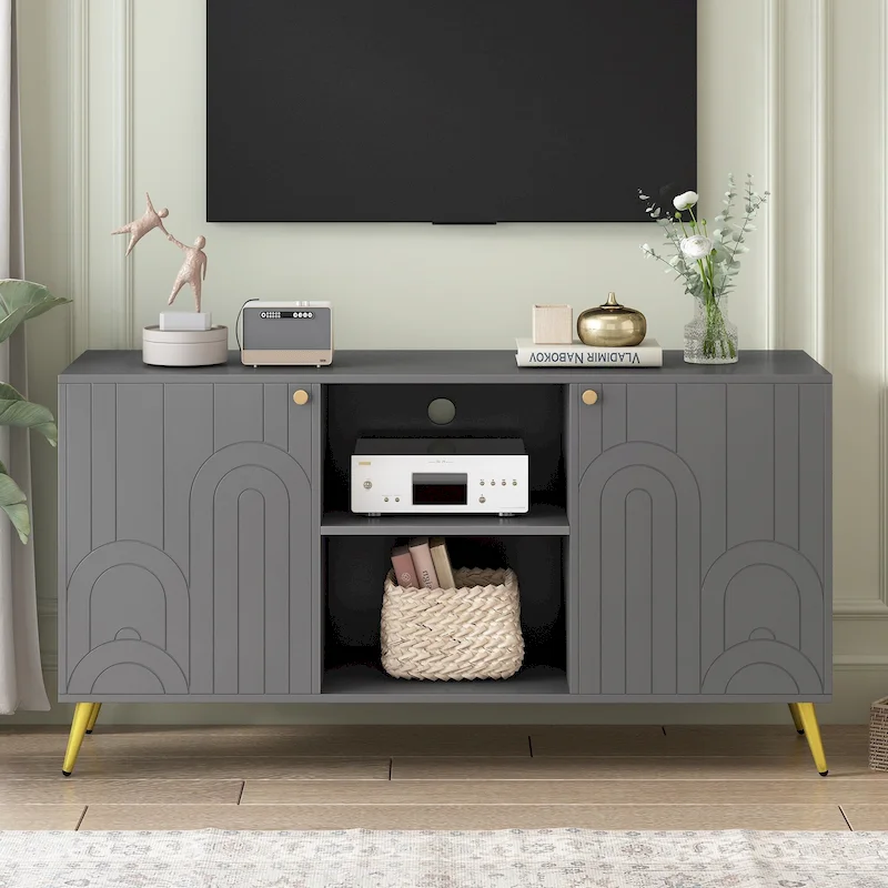 TV Stand for TVs up to 55 Inches, Entertainment Center Media Console,Adjustable Shelf, Metal Legs, Handles and Anti-tip Device
