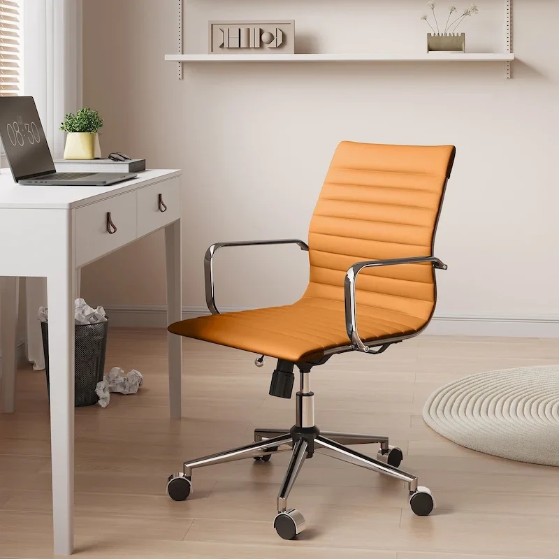 Ribbed Leatherite Office Chair with Chrome Frame, L-Shaped Arms and Swivel Base – Grey / White / Terracotta / Green / Brown / Black / Navy Blue / Gold & Navy Blue / Gold & Black / Gold & White, for 1 Person