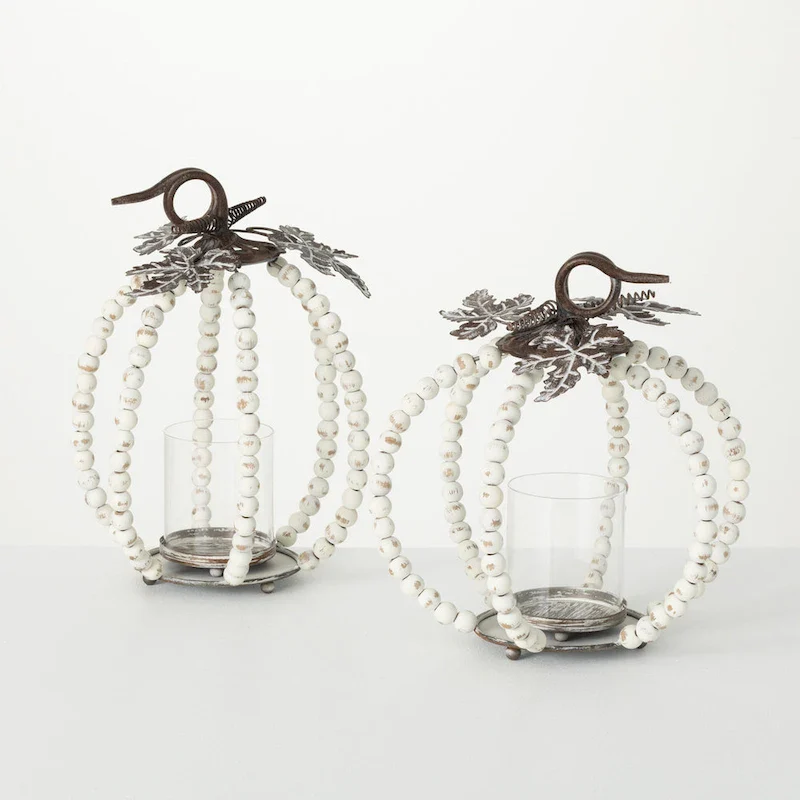 Beaded Pumpkin Pillar Holders White 13 H Wood Set of 2 - 10 L x 10 W x 13 H; 11.5 L x 11.5 W x 11.5 H
