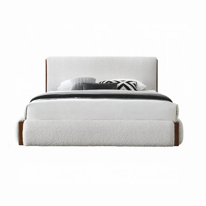 Fedro King Bed, Low Profile, White Boucle Upholstery, Walnut Brown