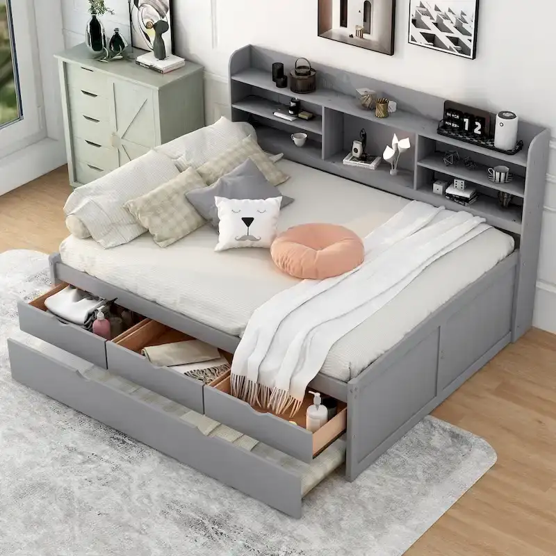 Full Size Wooden Captain Platform Bed with Built-in Bookshelves, Three Storage Drawers and Trundle