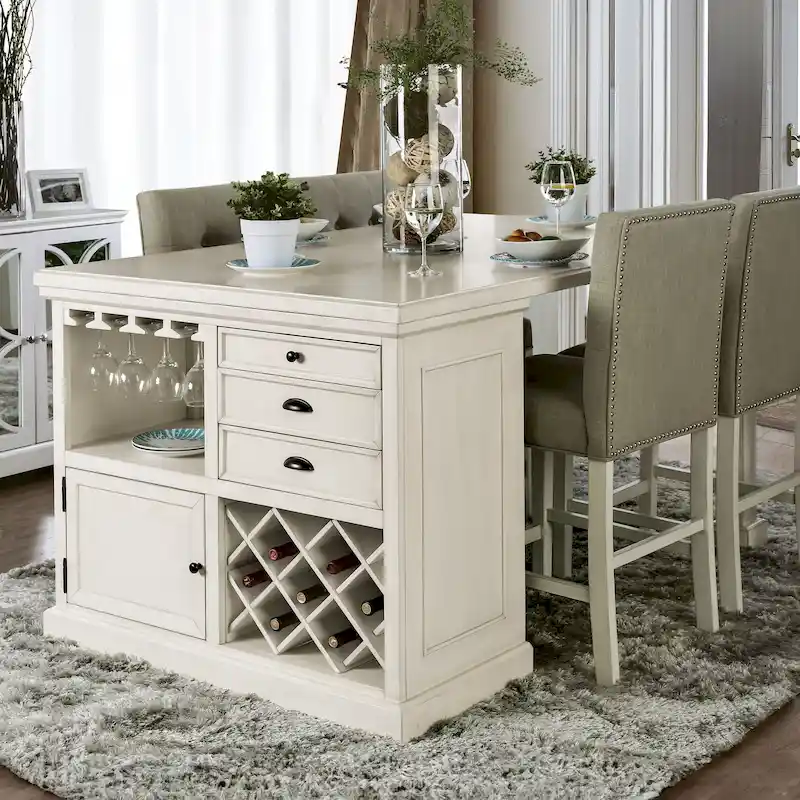 Tia Transitional Antique White Wood Multi-Storage 3-Piece Kitchen Island Set by Furniture of America