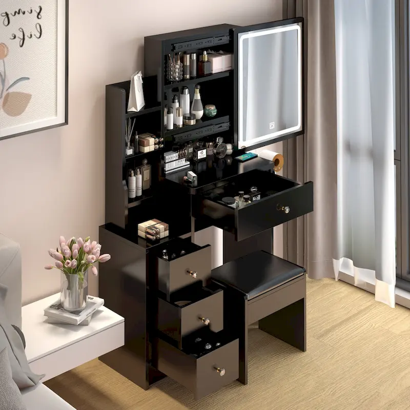Make-Up Vanity Table and Stool with LED Mirror and USB Port