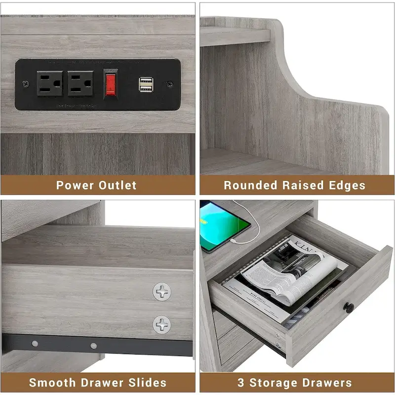 3-Drawer Nightstand with Built-in Charging Station and Open Shelf – White / Pink / Grey / Black, for 1 Person