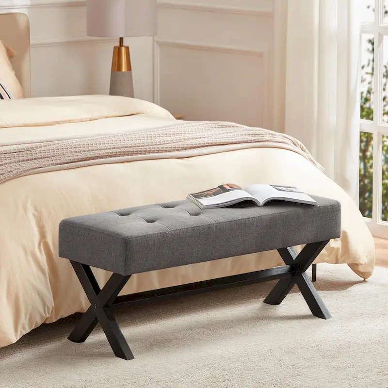 Upholstered Entryway Bench, Polyester, X-Shaped Wood Legs, 35.4