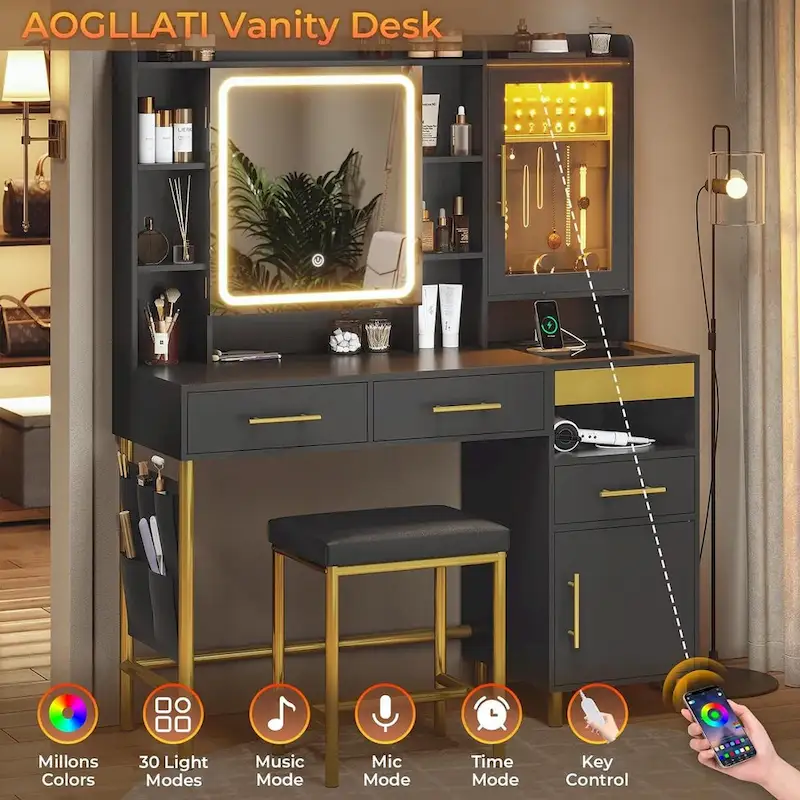 Makeup Vanity Set with Hidden Storage Space and Jewelry Cabinet