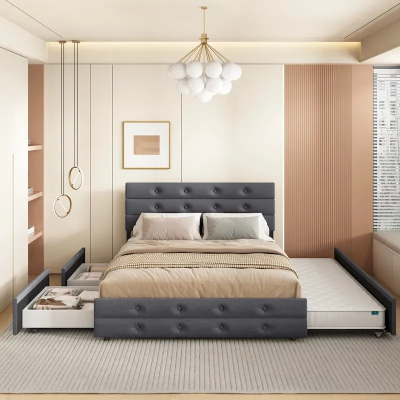 Queen Size Upholstered Linen Fabric Trundle bed with drawers Grey