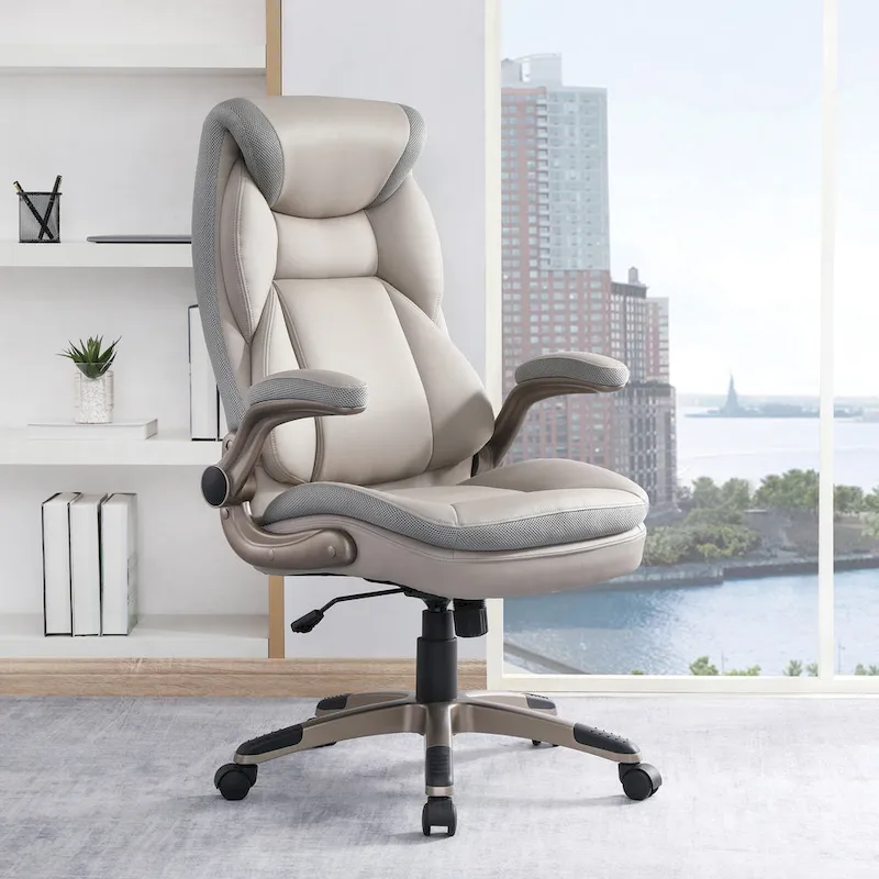 Executive Bonded Leather Office Chair with Lumbar Support, Locking Tilt and Flip Arms – Taupe / Black / Charcoal, for 1 Person