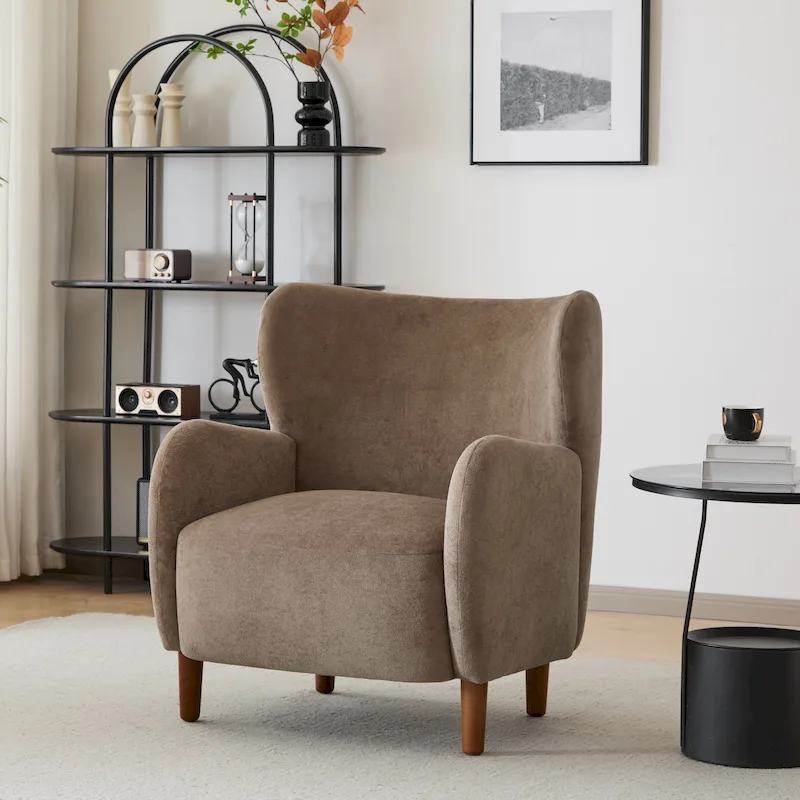 Wingback Club Chair, Mid-Century, Plush Velvet, Solid Wood & Birch Legs, Seats 1, Blue/Brown