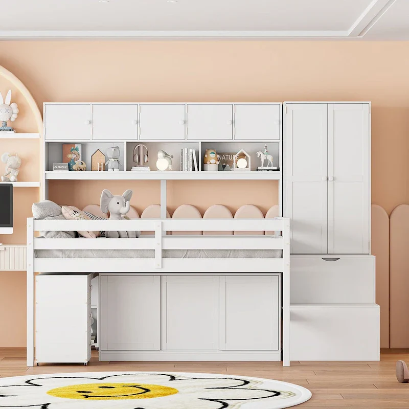 Full Size Wooden Loft Bed Big Storage with Under-bed Desk