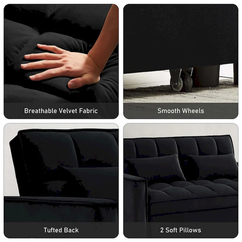 Convertible Sleeper Loveseat, 3-Position Backrest, Velvet, Foam, Side Pockets, USB, Seats 2/Twin Bed, Blue/Black/Grey